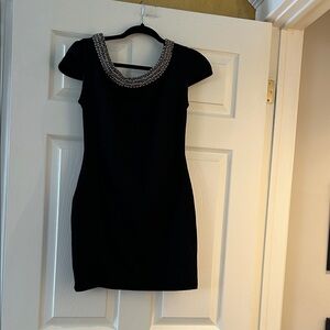 Xtaren Black Mini Dress with Jeweled Neckline